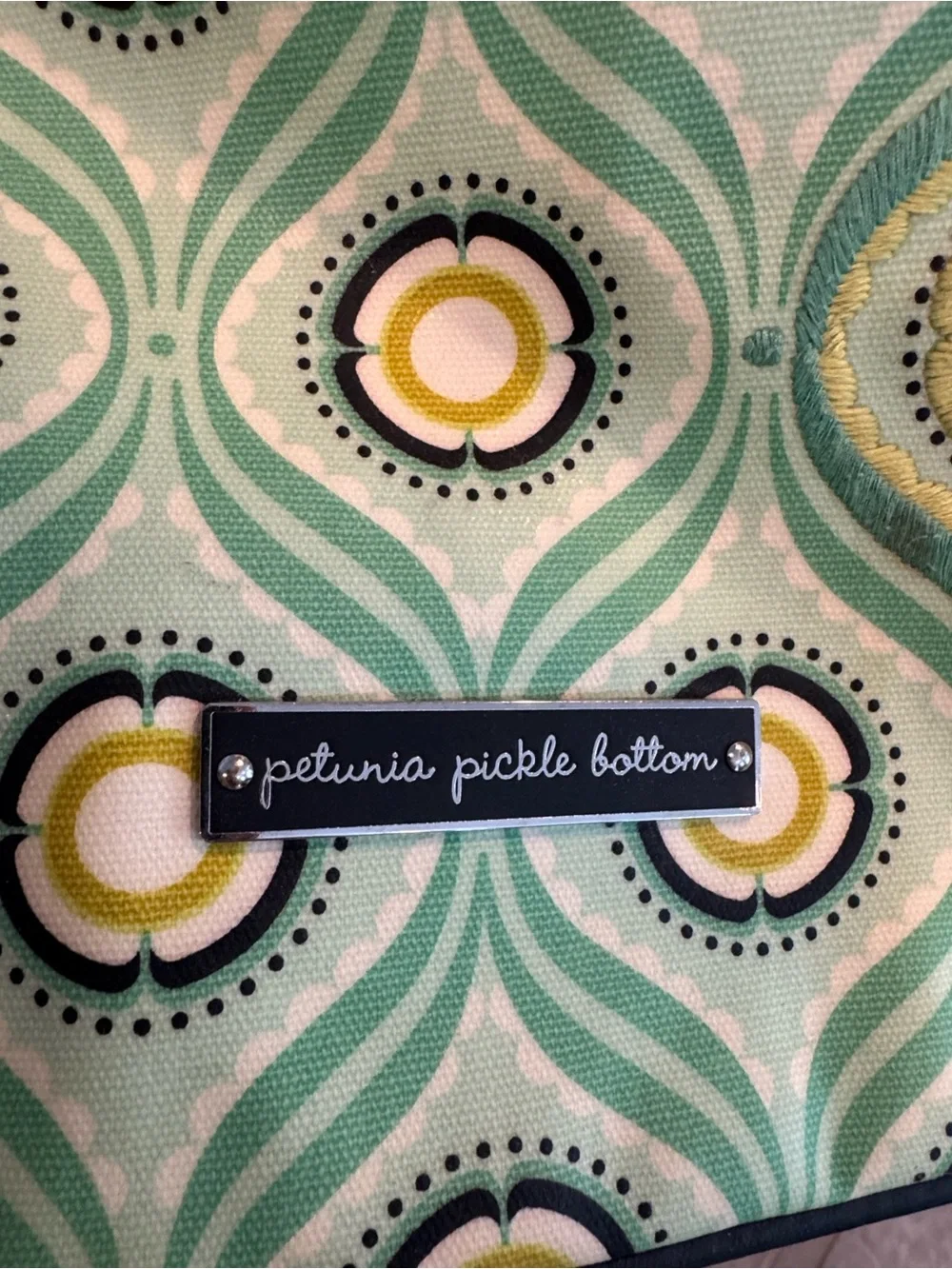 Petunia Pickle Bottom Mint Green and Yellow Patterned Diaper Bag